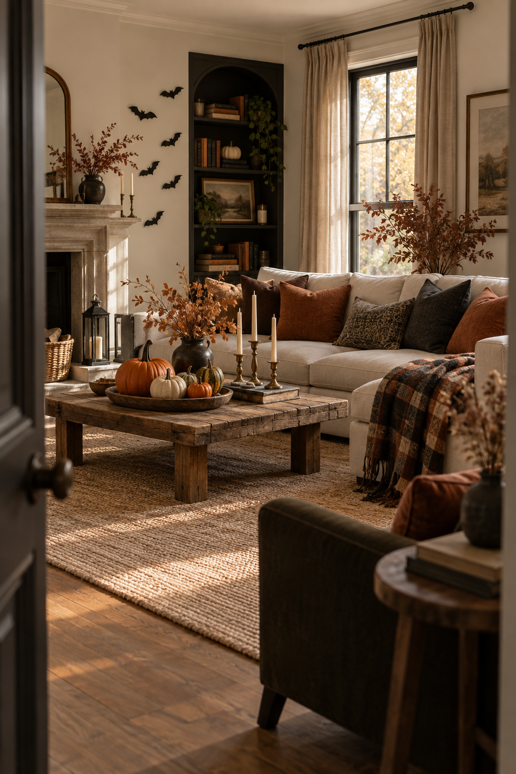AI-created concept of a warm living room with pumpkins, rust cushions, branches and subtle paper bats